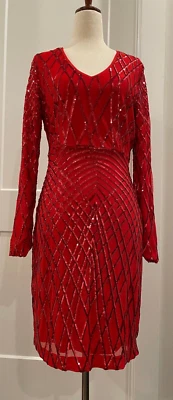👗🔴Boston Proper Womens Size XS Red Mesh Sequin Long Sleeve Dress V Neck - Image 1 of 4