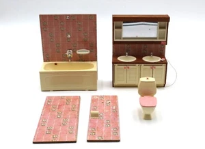 Vtg 1970s Dollhouse Furniture Pink Floral Bathroom Double Sink Vanity Toilet Tub - Picture 1 of 18