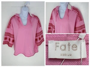 Fate NWT Embroidered Oversized Hoodie Size Medium Pink Boho Hippie Barbie Aztec - Picture 1 of 13