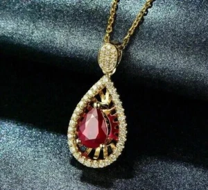 Colgante de lágrima de rubí rojo 2,80 quilates corte de pera creado en laboratorio enchapado en oro amarillo 14 K - Imagen 1 de 5