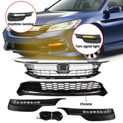 For 2016 2017 Honda Accord Sedan Bumper LED Turn Signal Fog lights Grille Chrome - Image 1 of 4