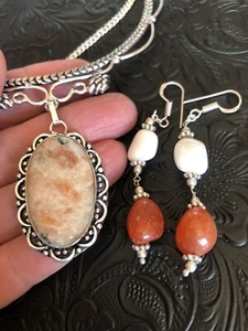 Orange Carnelian and Sunstone 16” Necklace, Earrings Bohemian Gypsy - Picture 1 of 6