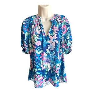 NWT Current Air Short Puff Sleeve Split Popover Blouse Top Floral Pink Blue S - Picture 1 of 16