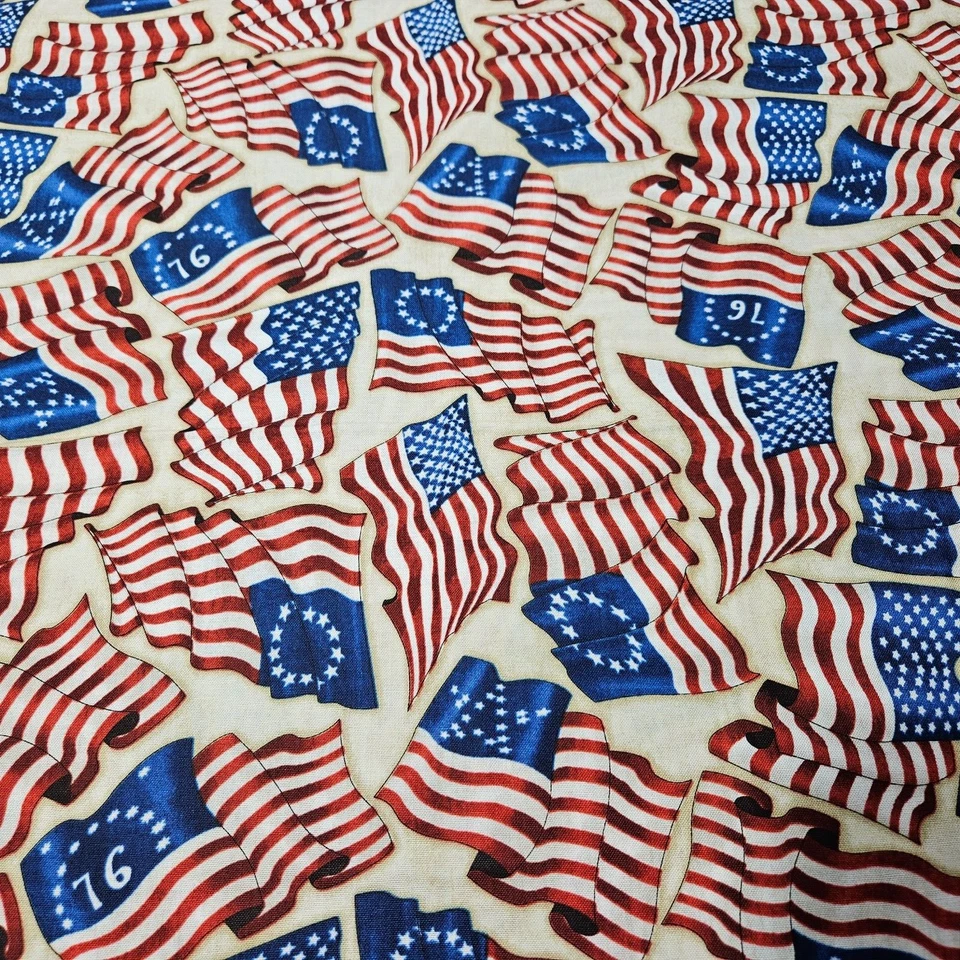27" Home of the Brave Dan Morris Quilting Treasures Tan Blue Red Flags USA - Image 1 of 3