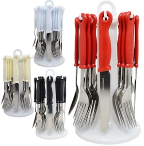 24pc Cutlery Dinner Set Forks Tea Spoons Stainless Steel Revolving Stand Rack - Picture 1 of 8