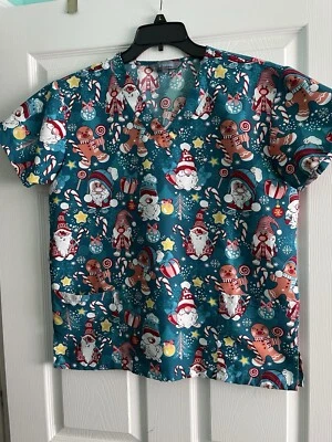 Women's Scrub Top Christmas Gnomes/Gingerbread Men V-Neck Pockets Size M SERENE - Image 1 of 4