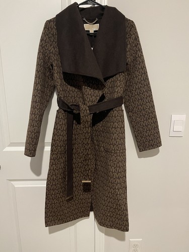 Michael Kors logo miscela lana jacquard cappotto avvolgente logo cioccolato