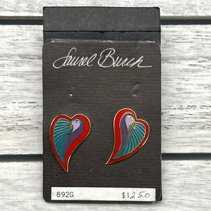 NOS LAUREL BURCH Vtg DOVE HEART BIRDS Stud Post EARRINGS Red Enamel Gold UNWORN - Picture 1 of 6