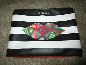 Sephora black white striped kiss cosmetic makeup bag - Picture 1 of 2