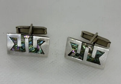 复古 Taxco 签名 MLV 拖把/鲍鱼镶嵌 925 纯银袖扣 — 第 1/4 张图片