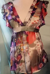 Lipsy women' Festival Sexy! Pure Sheer Silk Cream Floral Short Sleeve Top Sz8 - Picture 1 of 9