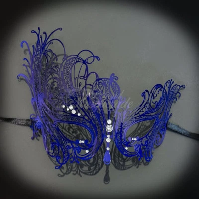 Dark Blue Swan Light Metal Filigree Venetian Masquerade Mask for Women - Image 1 of 4