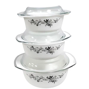 3Pcs Opal Casserole Dish Set Gift Boxed Black Print Tableware With Glass Lid - Picture 1 of 5