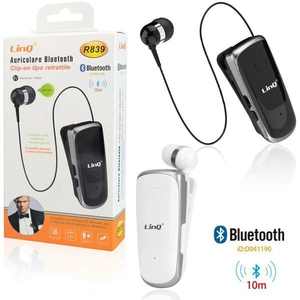 x Auricolare Stereo Bluetooth Con Clip-On Retrattile Linq R839 - Immagine 1 di 1