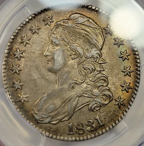 1831 50c Capped Bust Half Dollar PCGS AU55 Light Pastel Rainbow Toning *J648 - Picture 1 of 11