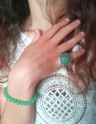 ANELLO GIADEITE VERDE NATURALE ART DÉCO, ANELLO DESIGN VINTAGE GIADA E ARGENTO - Immagine 1 di 4