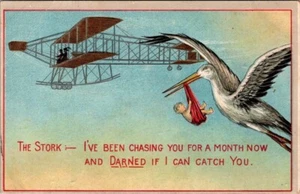 Stork w/Baby Chasing Early Aeroplane, Embossed, c1908, #3134 - Picture 1 of 2