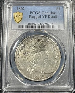 1802 Busto Drappeggiato Argento Dollaro $1 PCGS VF Dettagli Tappo Moneta Rara - Foto 1 di 4