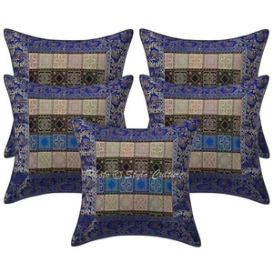 Decorative Brocade Blue Scatter Cushion Covers 40x40 cm Jacquard Floral Set Of 5 - Picture 1 of 5
