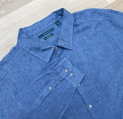 Perry Ellis Men’s 100% Linen Roll Tab Conv Long Sleeve Button Up Size 3X Blue - Image 1 of 4