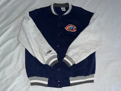 Vintage Blue & Gray CHICAGO BEARS Bomber Sweatshirt Jacket Size L Majestic USA - Image 1 of 4