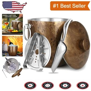 Stylish 3L Double-Walled Stainless Steel Ice Bucket with Lid & Scoop - Teakwood - Picture 1 of 9