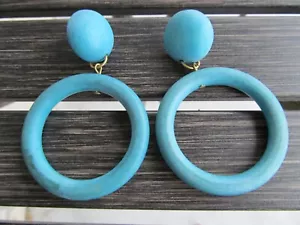 "Orecchini Legno Vintage Blu Pendente Borchia Cerchio 2""x3" - Foto 1 di 2