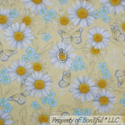 BonEful Fabric FQ Cotton Quilt Yellow White Blue Flower Daisy Butterfly Girl Dot - Image 1 of 4