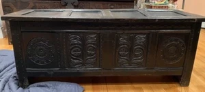 ANTIQUE 17TH CENTURY 1680'S 4 PANEL ENGLISH OAK COFFER BLANKET CHEST 55" LONG - Picture 1 of 18