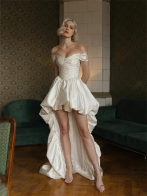 Sexy Satin Wedding Dresses Off The Shoulder Lace Up Back High Low Bridal Gowns - Image 1 of 4