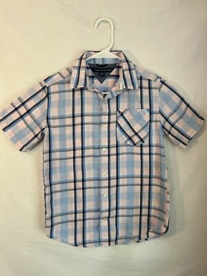 Tommy Hilfiger Boys Size M 12-14 Button Down Short Sleeve Shirt Blue Pink Plaid - Image 1 of 4
