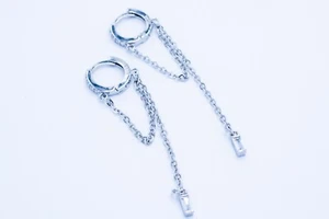 Zircon Sterling Silver Hoop Chain Dangle Earrings - Picture 1 of 4