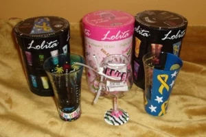 LOLITA HAND PAINTED SHOT GLASSES "NEW YEAR'S" & "YELLOW RIBBON" & 1 Ornament - Picture 1 of 4