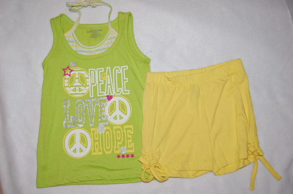 女孩 S 6-6X 夏季套装 LIME 绿色背心上衣 Peace Love Hope 黄色短裤 — 第 1/1 张图片