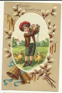 Quality Embossed vintage postcard with chicks basket of colored eggs - Picture 1 of 1