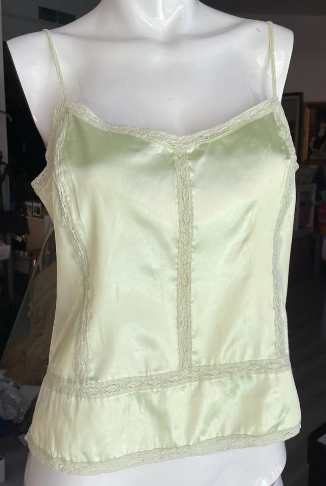 Banana Republic Vtg Lace Trim Cami Babydoll Top Satin Y2K Sz PL Green - Image 1 of 4