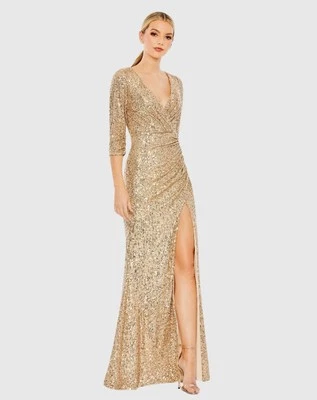 Mac Duggal Size 2 Gold SEQUINED DRAPED 3/4 SLEEVE Formal GOWN Dress New Prom - Image 1 of 4