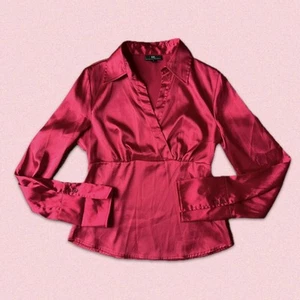 VTG 90s/Y2K Preppy Silky Red IZ BYER Collared Top Sz Lg - Picture 1 of 6