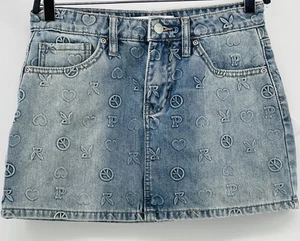 Playboy jean Mini skirt size 3 blue embossed Bunny peace - Picture 1 of 2