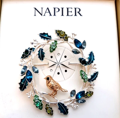 Napier Holiday Brooch Bird Sitting in Wreath Two-Toned Rhinestones New in Box - Image 1 of 4