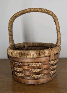 Vintage Basket Woven Wicker And Braided Jute Detail, Jute Wrapped Handle  - Picture 1 of 9