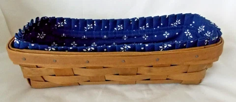 Longaberger 1984 Dark Brown Stain Cracker basket with blue liner EUC Cover