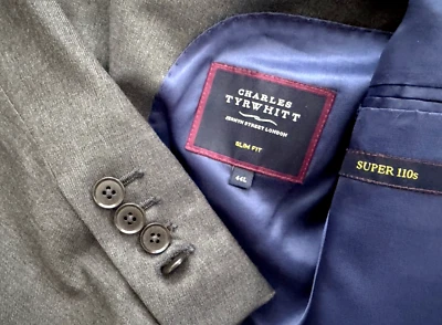 Charles Tyrwhitt 西装夹克外套男式 44L 长修身超 110 年代灰色羊毛 — 第 1/4 张图片