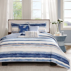 BEAUTIFUL BEACH SEA SHELL BLUE AQUA COASTAL NAVY BEIGE OCEAN SAND SOFT QUILT SET - Picture 1 of 2