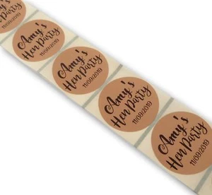 45MM BROWN ROUND LABELS PERSONALISED HEN PARTY DO STICKERS BLACK PRINT #026 - Picture 1 of 1