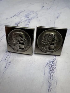 Vintage Colonial Style Bust Square Metal Fixed Post Cufflinks - Picture 1 of 5