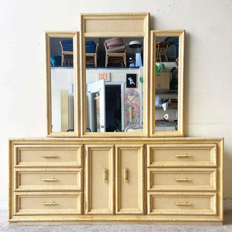 Boho Chic Faux Bamboo Dresser With Mirror Cover