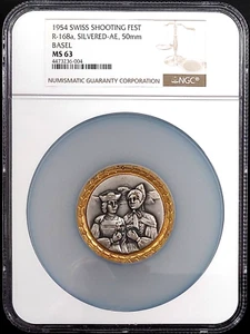 1954 Swiss Shooting Fest Medal, R-168a, Silvered-AE, 50 mm, Basel, NGC MS 63! - Picture 1 of 6