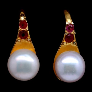 925 Sterling Silver 8 MM. White Pearl & Red Ruby Earrings 18K Gold Plated - Picture 1 of 4