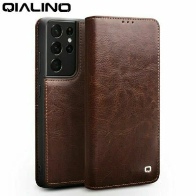 QIALINO Genuine Leather Cover for Samsung Galaxy S21 Ultra Slots Stand Flip Case - Image 1 of 4